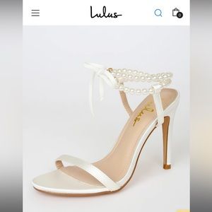 Lulus Letzy White Satin Pearl Lace-Up Heels